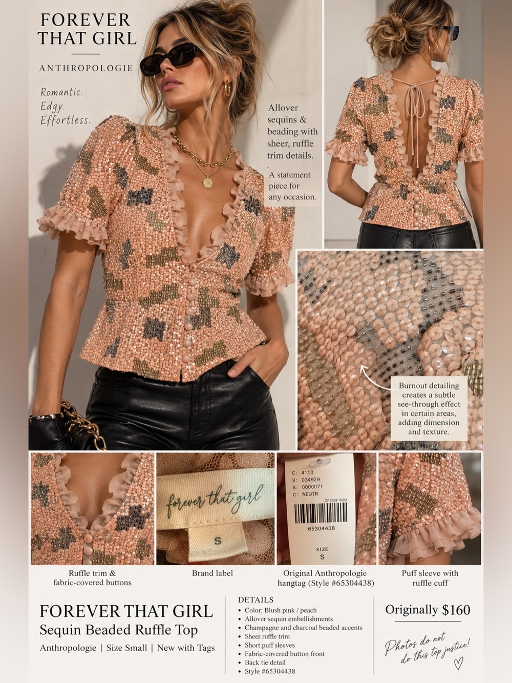 Forever That Girl Anthropologie Sequin Beaded Ruffle Top Blush S NWT